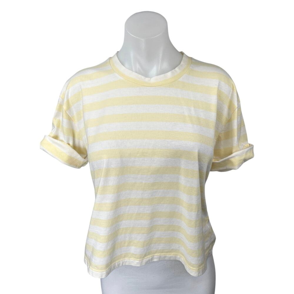 Club Monaco Women's Yellow White Striped Short Sleeve T Shirt Tee Top Size S